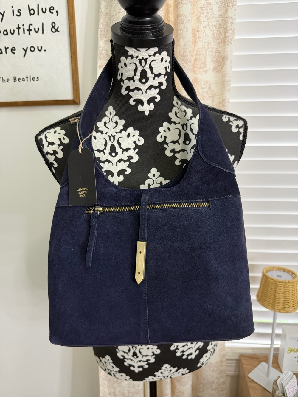 Suede Navy Shoulder Bag with Gold Hardware